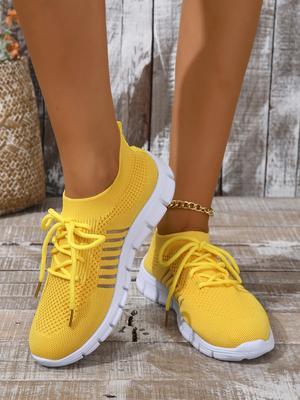 Летние дышащие сетчатые кроссовки для женщин 2024 года, легкие кроссовки для ходьбы, женские, желтые, в спортивном и минималистичном стиле, спортивные кроссовки