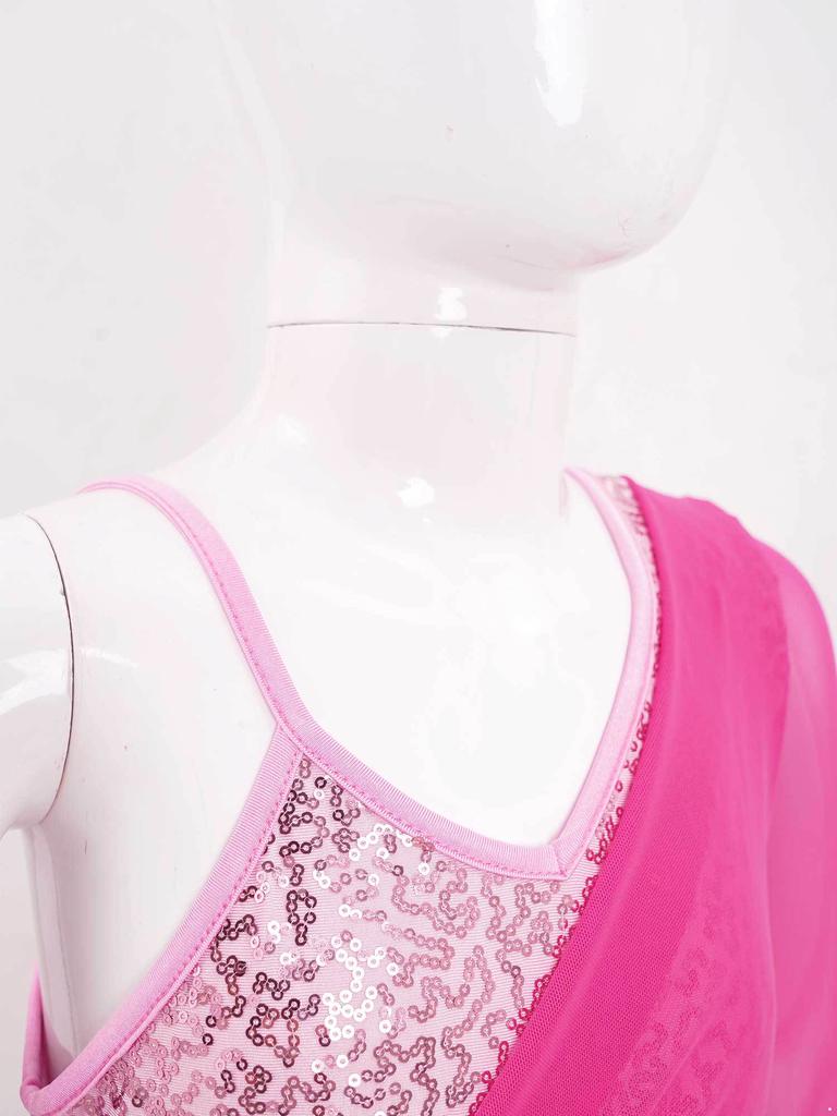 Kids Girls Stylish Dance Dress Single Long Sleeve Mesh Irregular Hem Contrast Color Skating Leotard Dress