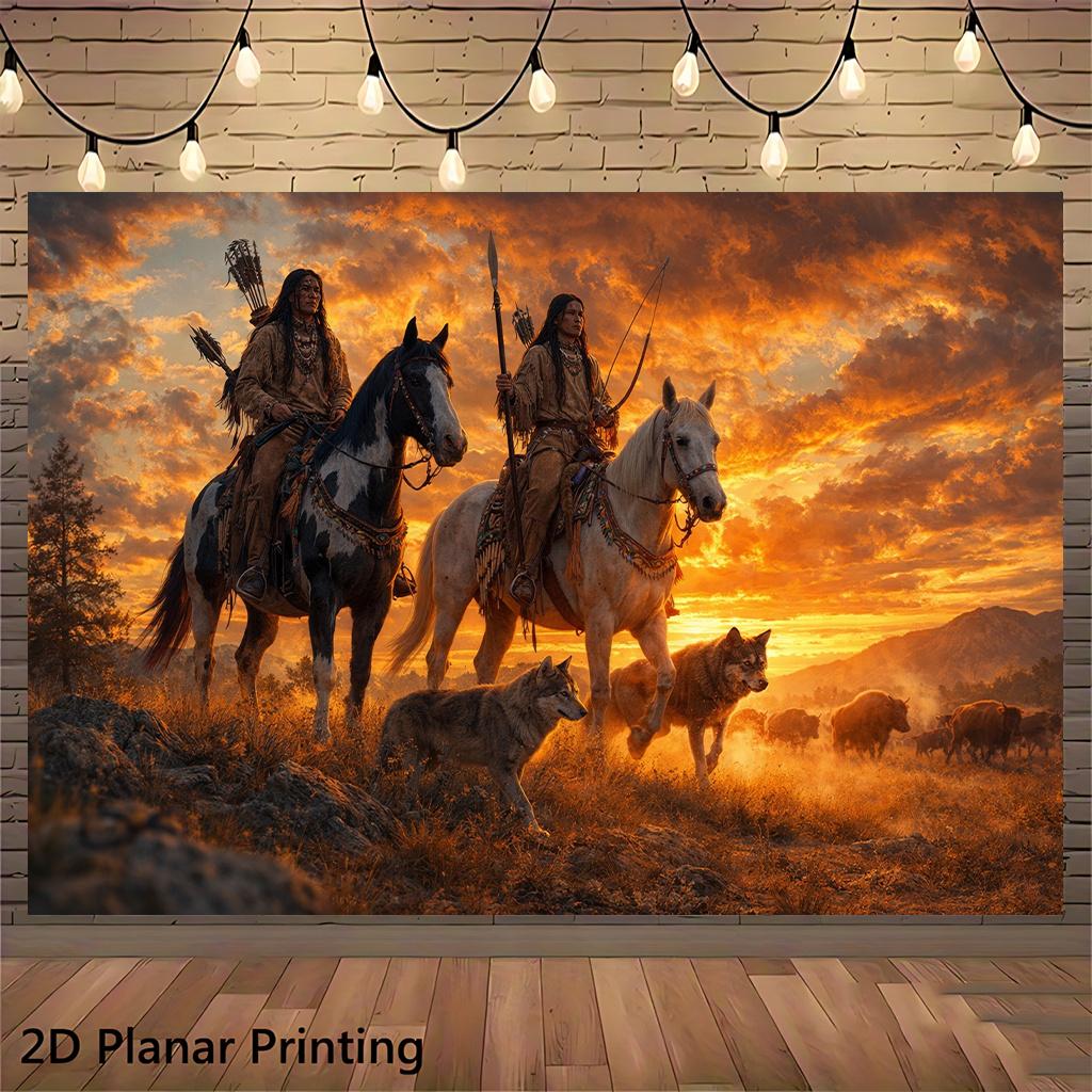 Episches Native-American-Wild-West-Pferde-Sonnenuntergang-Wanddekor-Leinwand-Poster-Kunstdruck Kino-Abenteuer-Heimgeschenk