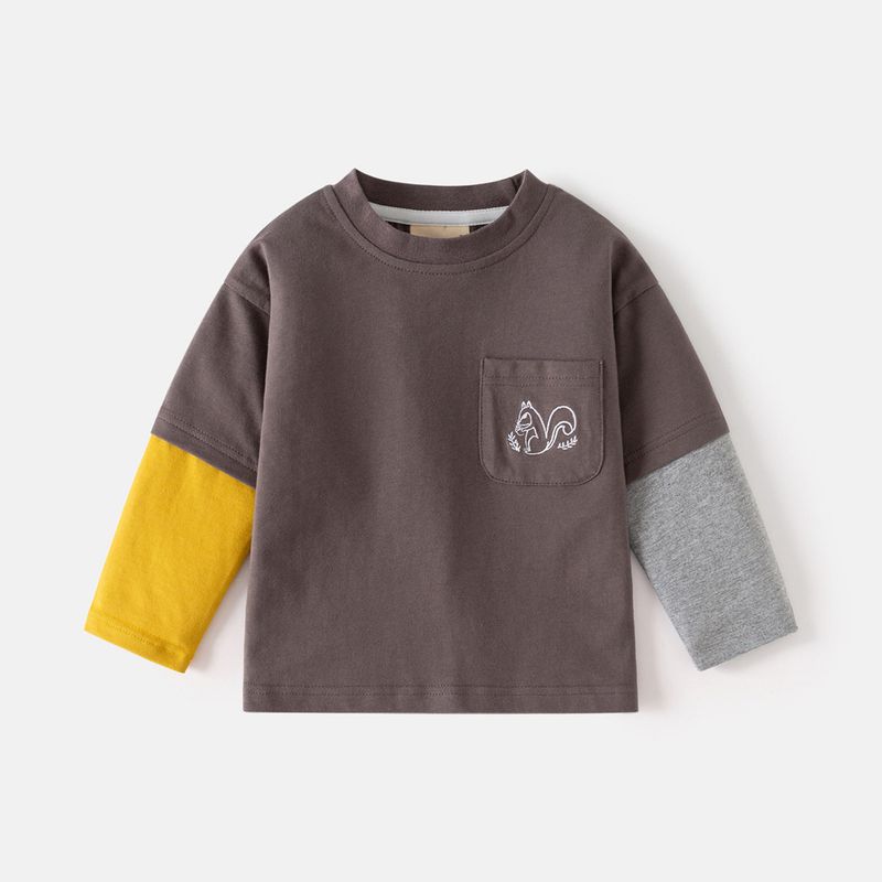 Spring and Autumn Kids Stripes Long Sleeve T-shirt Clothes Children's Clothing Baby Boy Squirrel Bottoming Shirt Boy Fake Two-Piece Tops