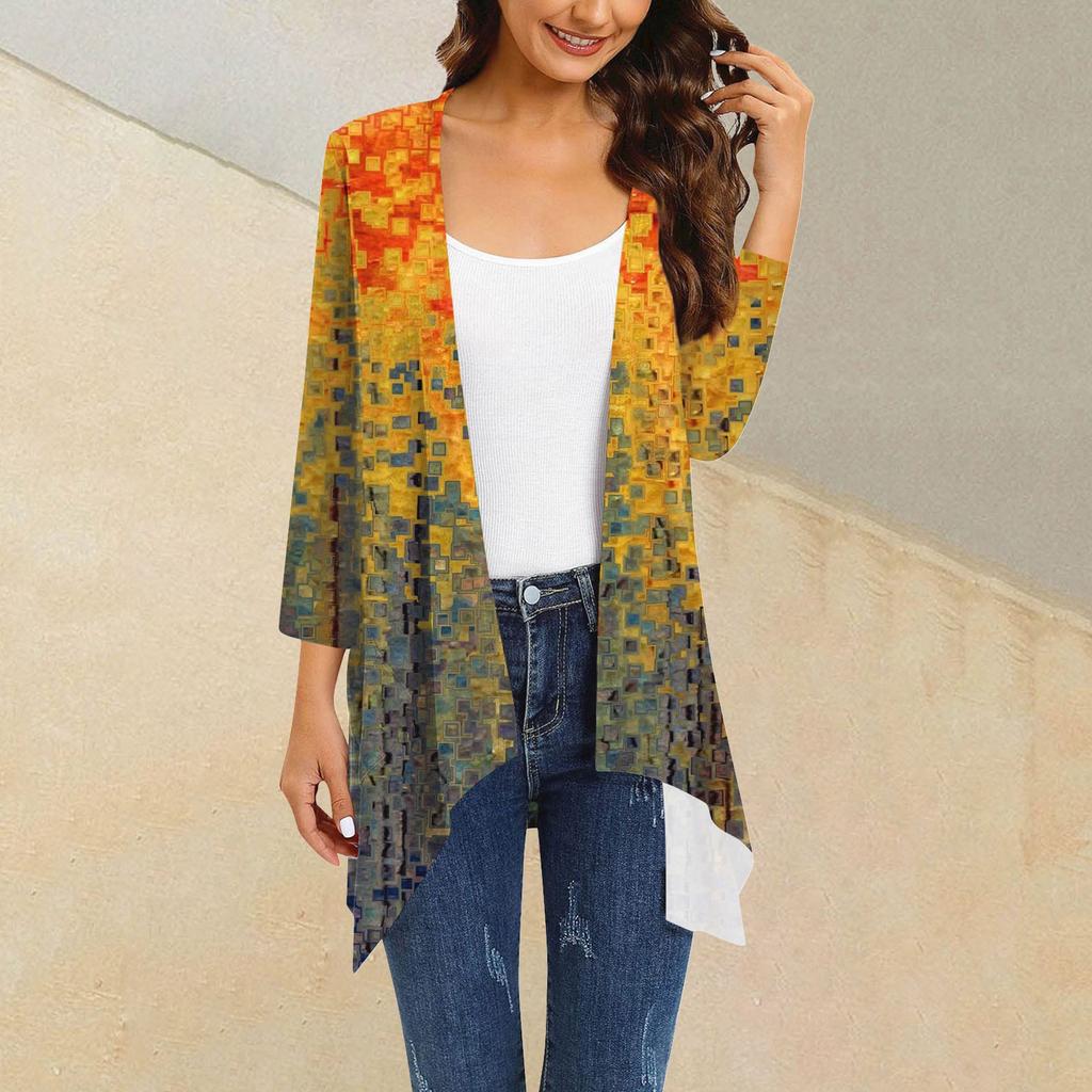 Женский кардиган неправильной формы с градиентным принтом и рукавами три четверти, куртка с карманами