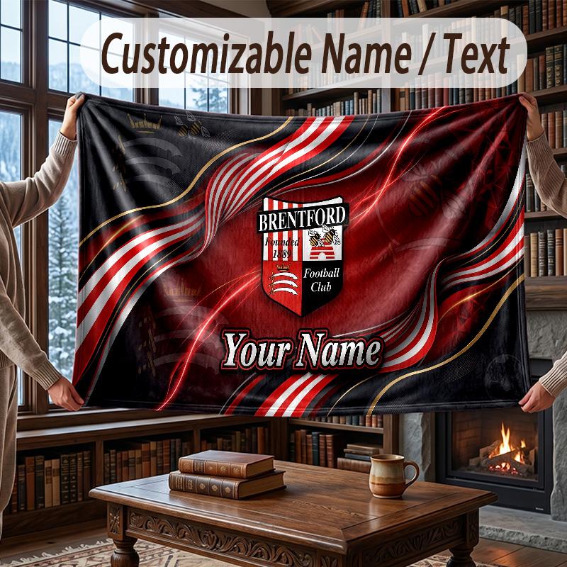 Custom Name Flannel Throw Blanket Brentford Football Pattern Warm Home Decoration