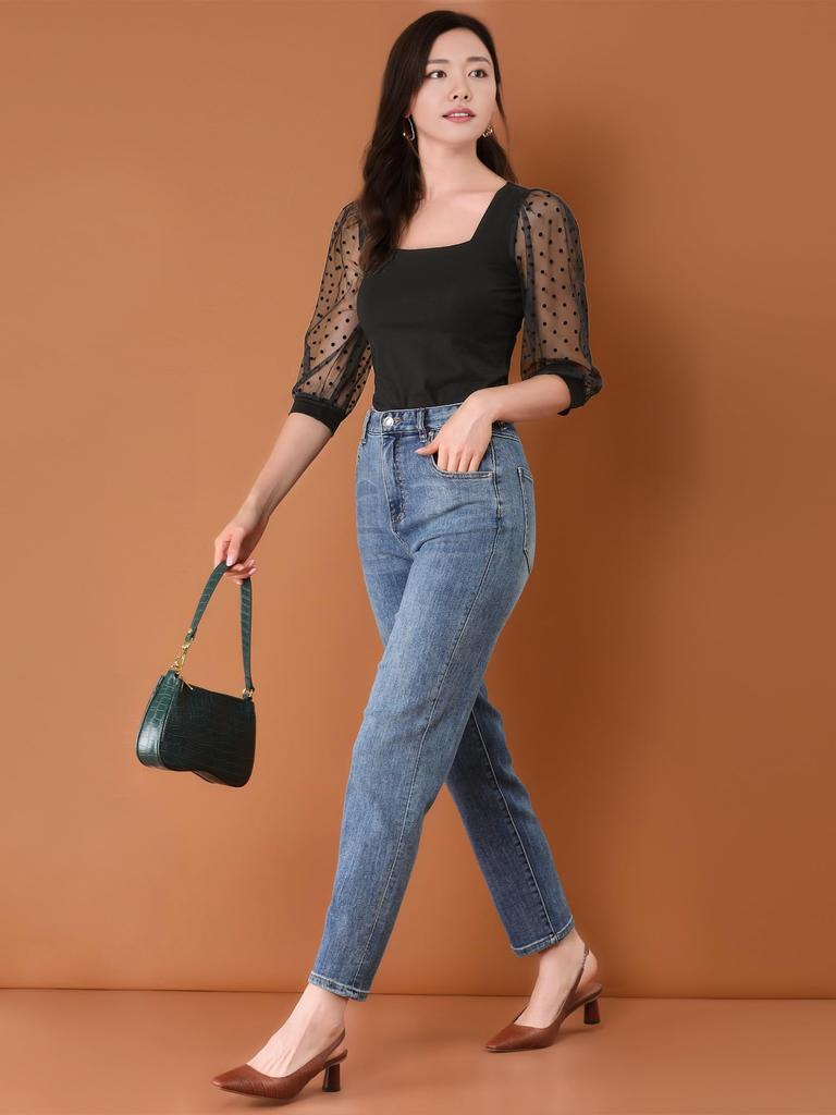 Allegra K Sleeve Chiffon Sexy Polka Square Mesh Size XL See-Through Blouse, 3/4 Blouse, Dots, Neck, Top, Slimming, Stylish, Gorgeous, Women's, Black,