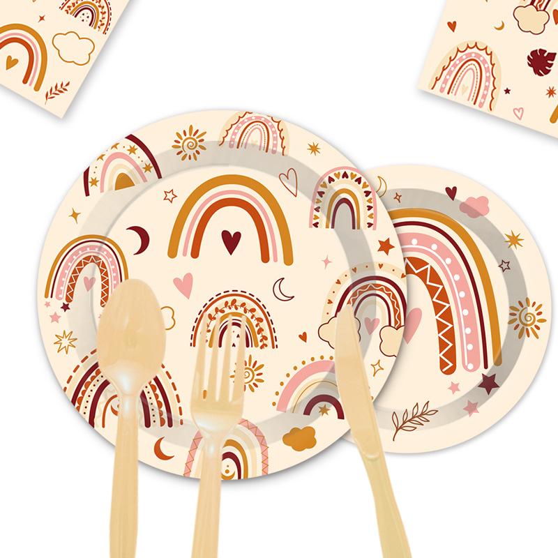 Набор для вечеринки по случаю дня рождения в богемном стиле Одноразовые тарелки и стаканы из бумаги с радужным принтом 'Love' Принадлежности для вечеринки