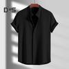 Мужская летняя рубашка с воротником-стойкой, кардиган на пуговицах с короткими рукавами, однотонная, свободная, повседневная, деловая, повседневная одежда, топ