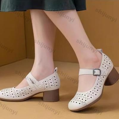 Модные Элегантные Женские Туфли на Среднем Каблуке Летне-Осенняя Мода Ремешок с Пряжкой Винтажные Полые Сандалии Удобные Нескользящие Туфли Мэри Джейн