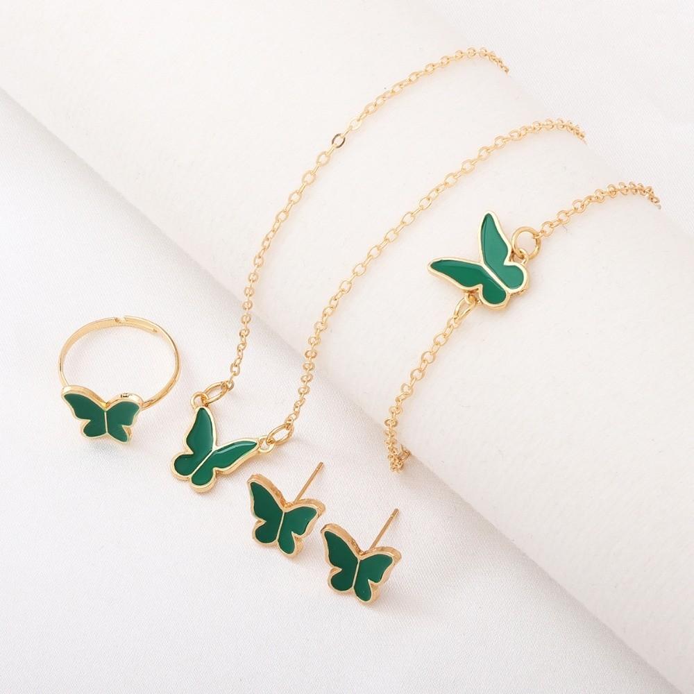 Elegance Style Butterfly Jewelry Set Minimalist Dripping Oil Heart Necklace Ring Set Artistic Design Creative