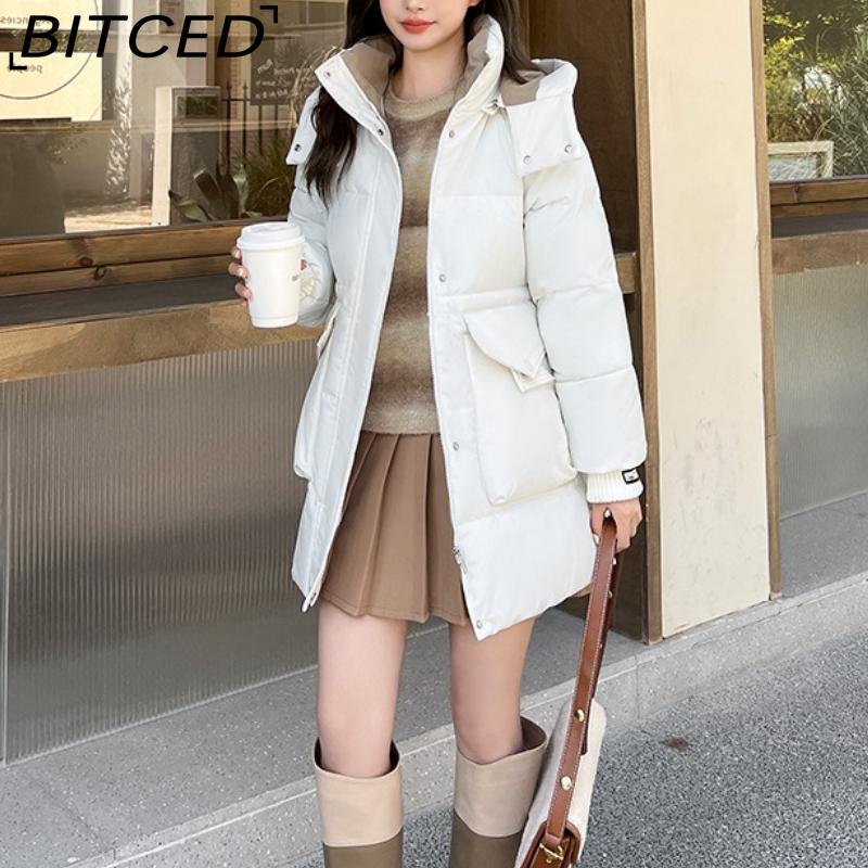 BITCED Plus Size Women's Mid-Length Winter Coat with Waist-Defining Hood, Oversized Pockets and Thickened Quilted Lining
