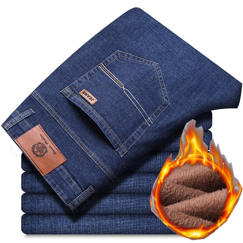 8 Types Of Blue And Black Autumn And Winter Men'S Jeans With Thick Fleece/Regular Optional Loose Straight Leg Casual Warm Outer Pants