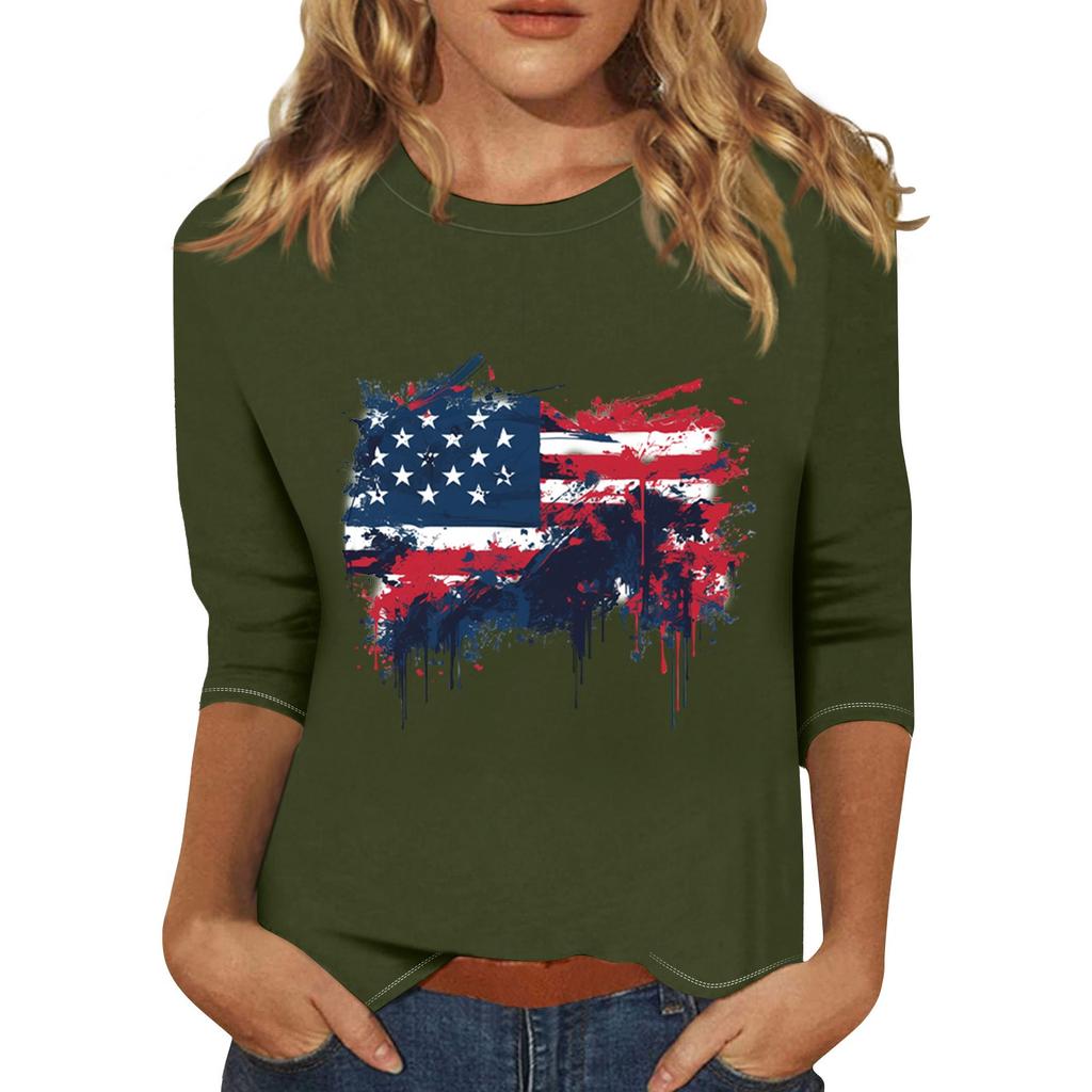 Women's Print Round Neck Top With Three Quarter Sleeves T-Shirt Three Quarter Sleeves T-Shirt