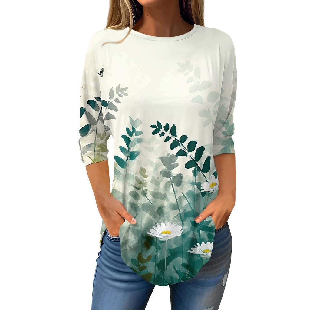 Women's Loose Round Neck Print 3/4 Sleeve T-Shirt Top Pullover