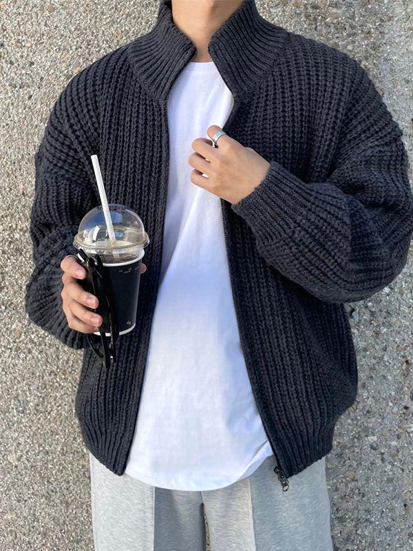 Мужская ретро корейская трикотажная куртка-кардиган с воротником-стойкой