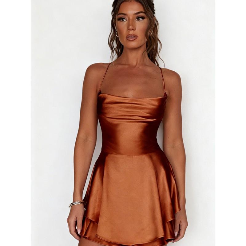 Womens Sexy Solid Color Sleeveless Halter Dress Slim Fit Backless Mini