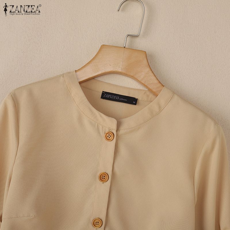 ZANZEA Женская повседневная однотонная блузка с круглым вырезом и рукавом 3/4