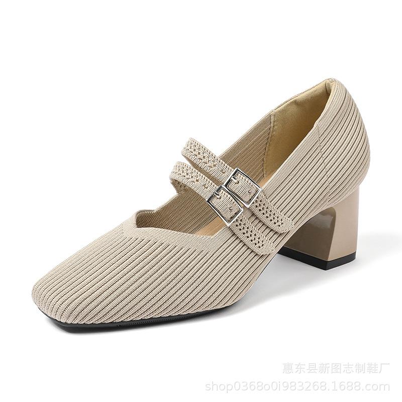 Женские туфли-лодочки Мэри Джейн с квадратным носком, удобные нарядные туфли, трикотажные туфли на толстом каблуке с двойным ремешком, повседневные туфли без застежек для ходьбы, офисные туфли на низком каблуке для женщин