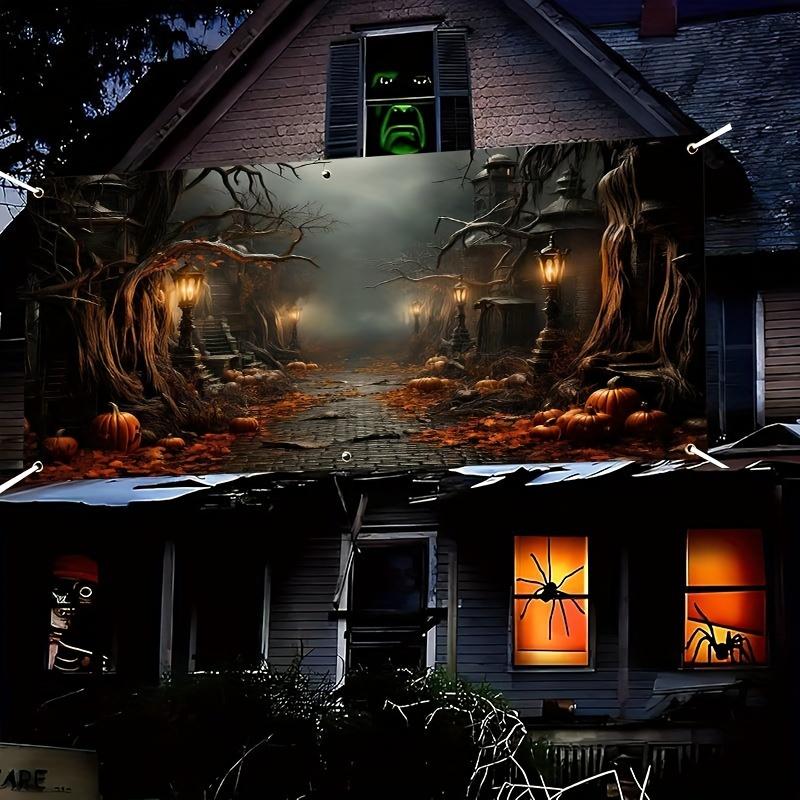 The large pumpkin lantern-themed garage door banner is perfect for outdoor Halloween decorations and birthday decorations.