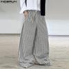 INCERUN Men Casual Loose Zip-up Waist Plaid Nonelastic Wide Legs Pants Long Trousers