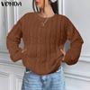 Women Autumn Round Neck Long Sleeve Striped Solid Color Sweaters