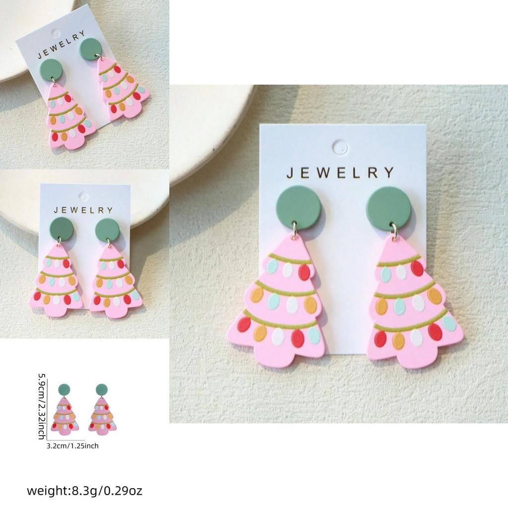 Elegant Cute Acrylic Holiday Earrings In Pink With Cheerful Christmas Elements