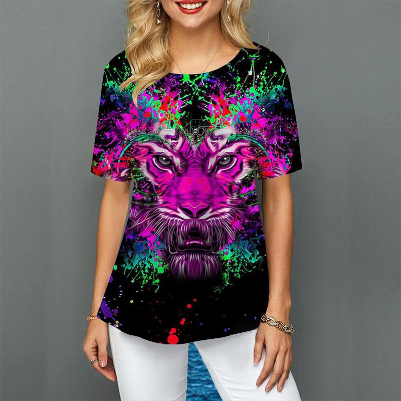 Women Plus Size Ladies Tee Short Sleeve T Shirts Colorful Tiger 3d Print Loose Casual Tops Female Irregular Summer Clothes