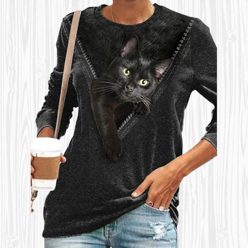 Женские осенние топы, свободная футболка с котом и принтом кота под молнией, повседневная футболка с длинными рукавами, топ, блузка