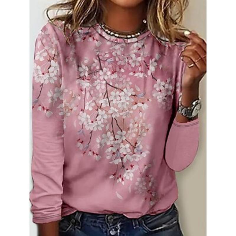 Женская туника с принтом, повседневная, модная, повседневная, с длинным рукавом, с круглым вырезом, розовая, весна-осень
