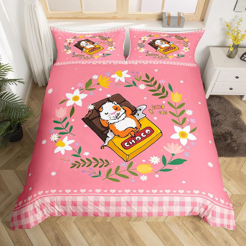 Comforter Kawaii Rabbit Cartoon Animal Bedding Set Geometry Grid Checkered Comforter Colorful Flowers Butterfly Bed Set