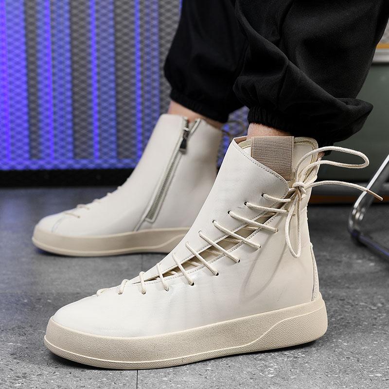 Fashion Luxury Men's Beige High Top Sneakers Leather Casual Sneakers Men Flat Designer Shoes Breathable Hip Hop Sport Shoes Man