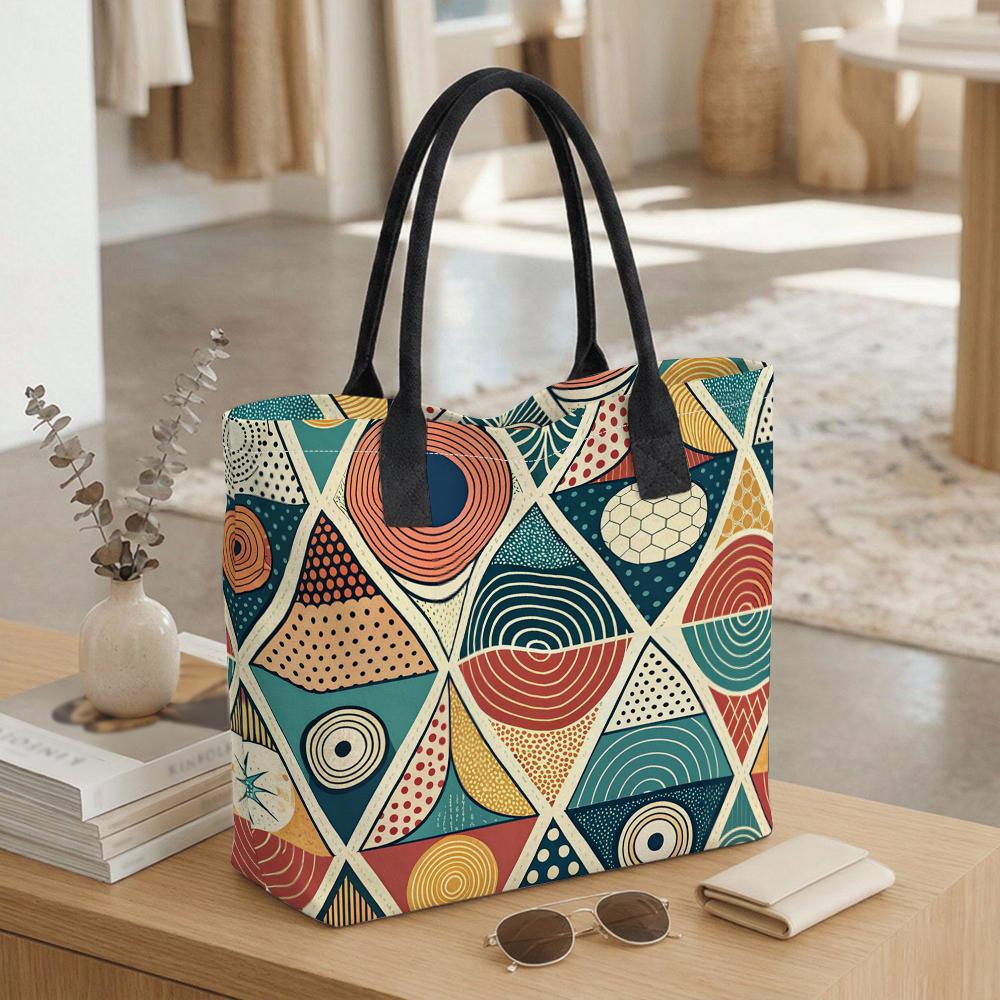 Boho Geometric Print Tote Bag Large Capacity Casual Handbag for Daily Use