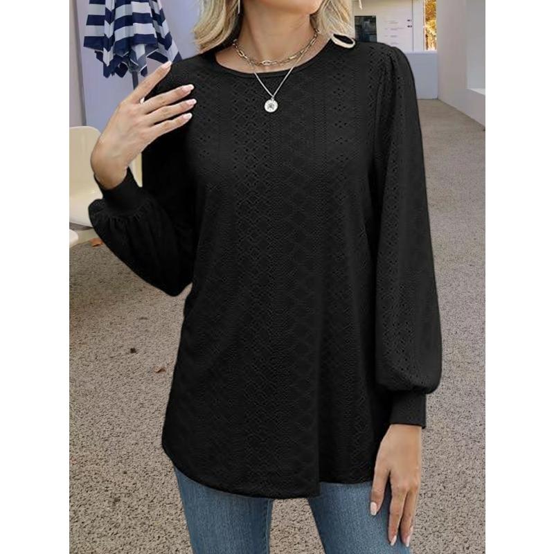 women's Hollow Out Textured Puff Long Sleeve Crew Neck T-Shirt Casual Loose Fit Blouse Top