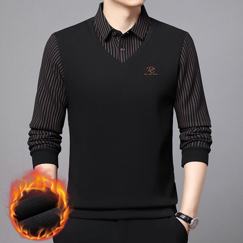 Men's Winter Wool Silk Lapel Two-in-One Sweater with Fleece Lining