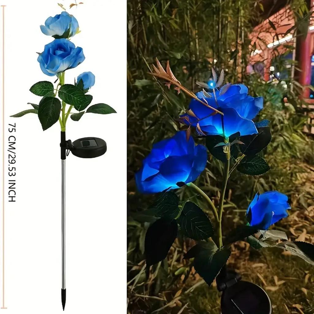 1pcs Outdoor Waterproof Solar Rose Lights with 3 Realistic Lighted Flower Heads Garden Decorative Lamp For Home Patio Decoration