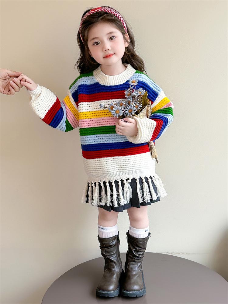 2025 Girls' Rainbow Tassel Thickened Knit Sweater - Autumn/Winter Fashionable Pullover