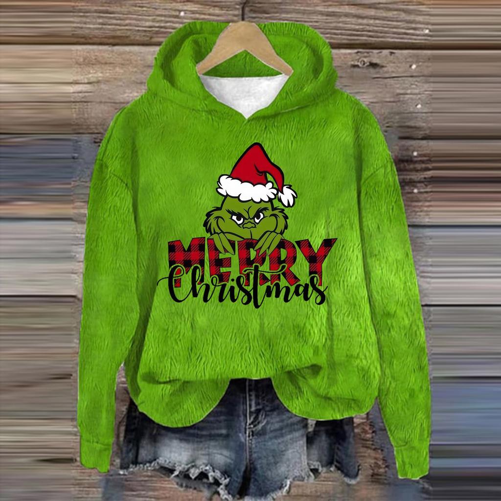 Женская модная повседневная толстовка с капюшоном и длинным рукавом из фланели с рождественским принтом