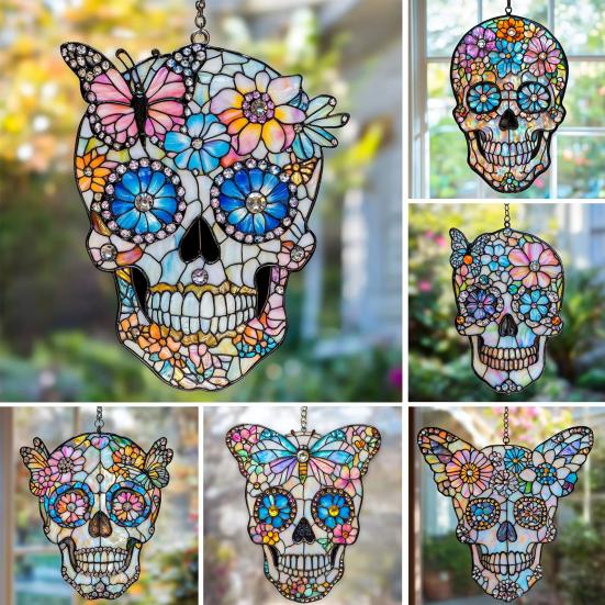 Colorful Skull Suncatcher Sun Catcher Skull Light Trap Window Hanging Decoration with Rhinestones Flowers Butterflies Unique Gothic Boho Decor Gift