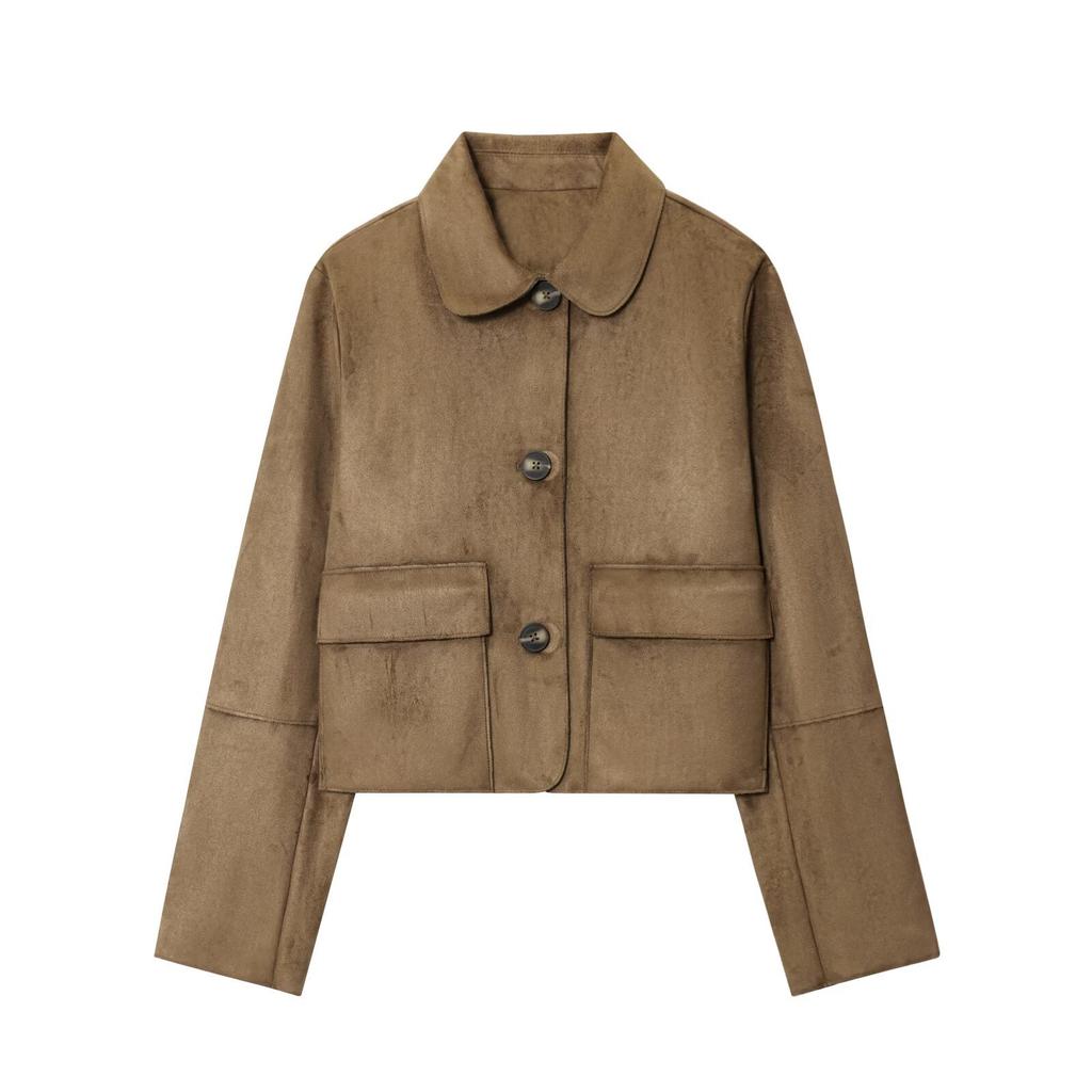 Модная женская куртка-пальто с лацканами и длинными рукавами, замшевой текстуры