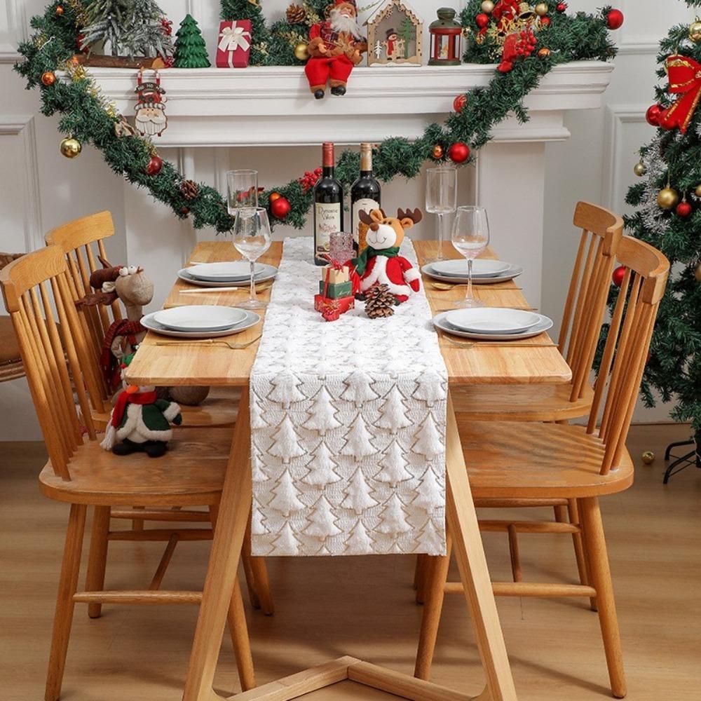 Embroidered Christmas Tree Table Runner Embossed Design Rectangular Christmas Table Cover Long Dining Tablecloth New Year