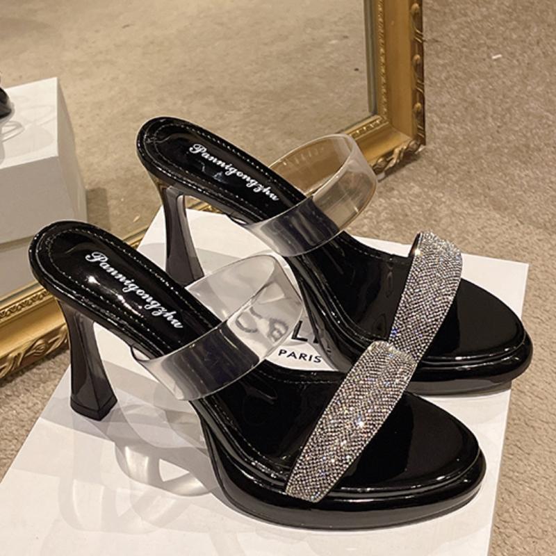 2024 новые летние прозрачные босоножки с кристаллами на высоком каблуке, модные водонепроницаемые тапочки со стразами на толстом каблуке, женские туфли-лодочки