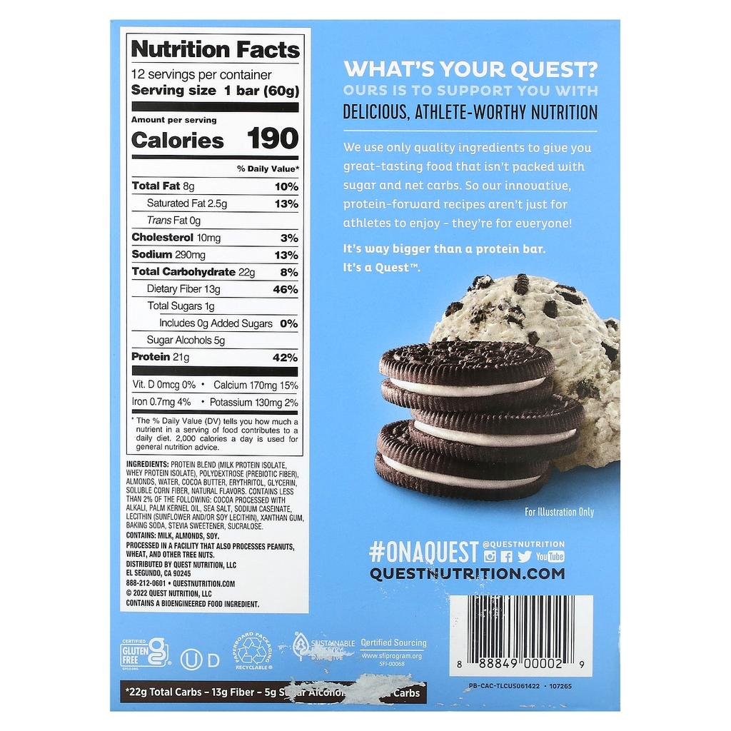 Protein Bar, Cookies & Cream, 12 Bars, 60G (2.12Oz) Each