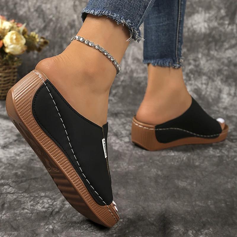 Модные легкие туфли-клинья с открытым носком, женские летние сандалии на платформе с толстой подошвой, женские шлепанцы из искусственной кожи больших размеров, обувь Mujer 43