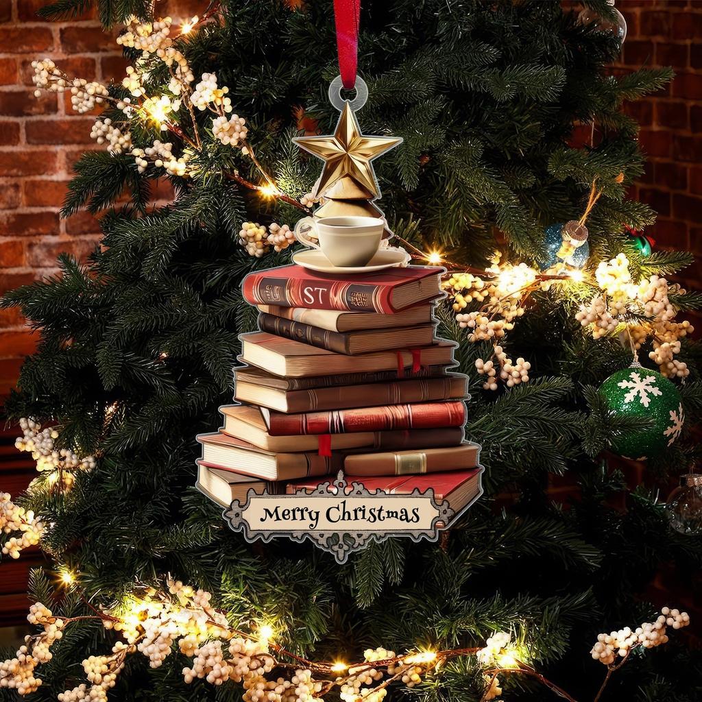 Рождественское 2D Плоское Украшение Форма Книги Дерево с Чашкой Кофе Звезда Праздничный Домашний Декор Уникальное Украшение в Литературном Стиле