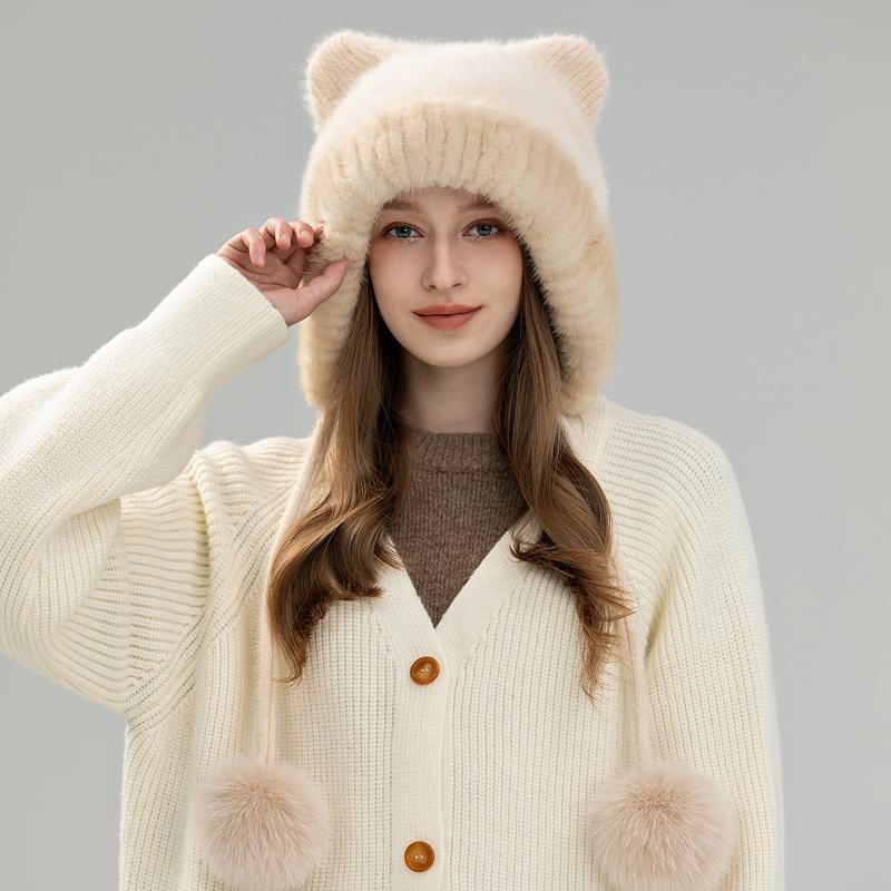 Luxury Women's Hand Knitted Adjustable Winter Beanie Mink/Fox Fur Lined Thermal Ear Protection Fashionable Functional Earmuffs