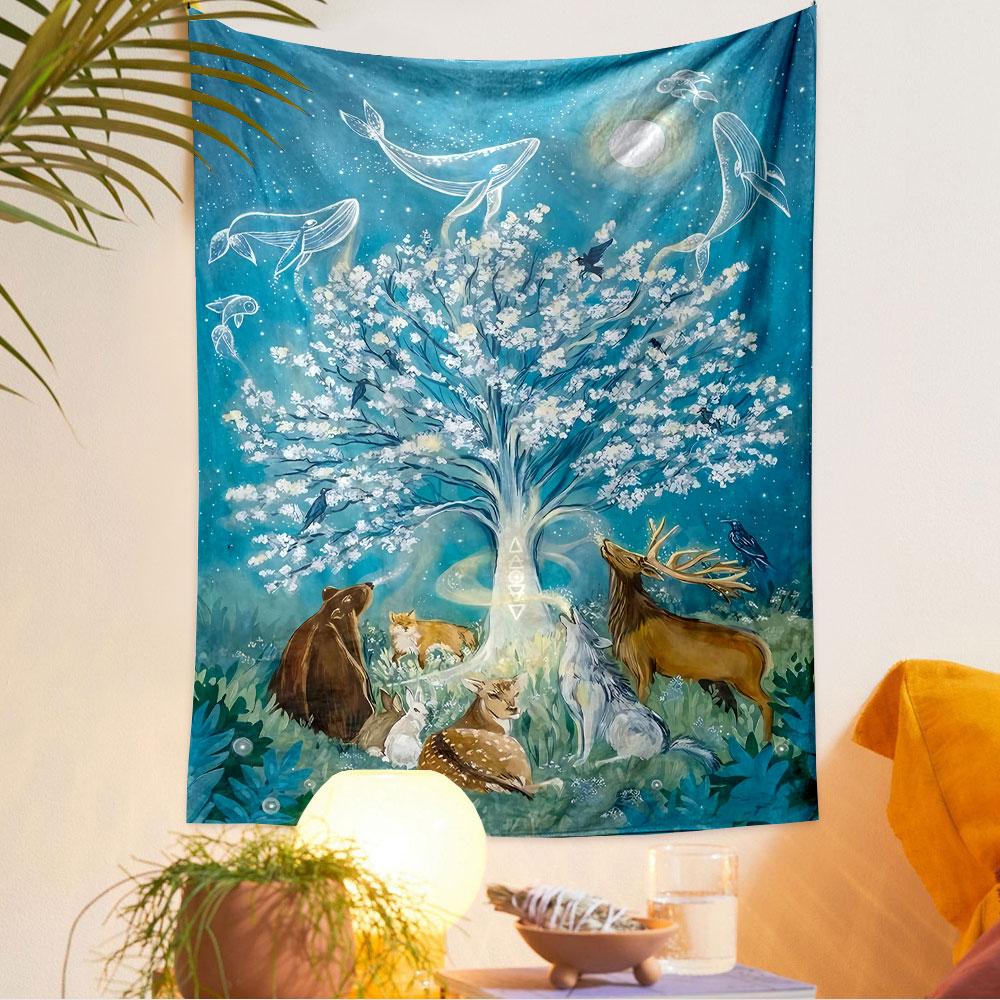 Fantasy Forest Tapestry Wall Hanging, Magical Night Tree with Animals Scene, Bohemian Wall Decor for Bedroom Living Room Dorm