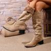 Сапоги с широким голенищем женские 2025 осень и зима замшевые детки, но ботфорты с острым носом на толстом каблуке, женские сапоги на тонком ворсе