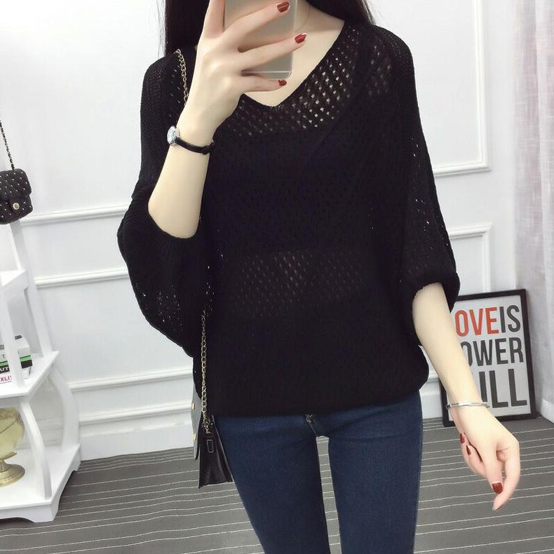 Тонкий пуловер с v-образным вырезом, вязаный свитер, женские топы, большой размер, свитер со скелетом и семиминутными рукавами, женская свободная рубашка