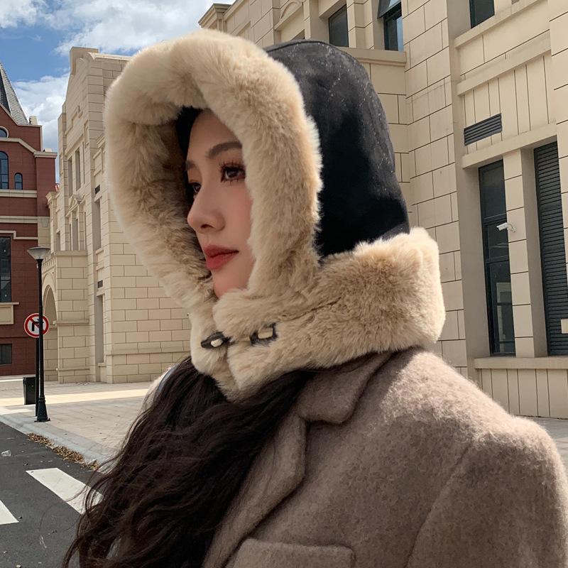 New Hat Hat Women's Cow Horn Button Deer Leather Velvet Lei Feng Hat Winter Cold Protection Warm Ear Protection Hat Thick