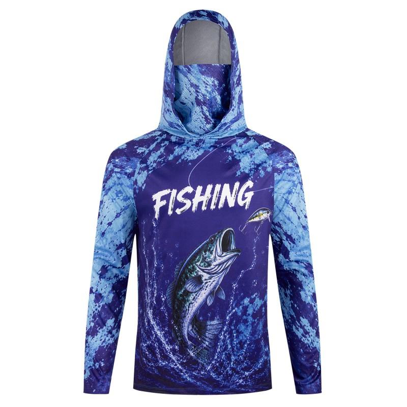 Mens Quick-Dry Fishing Shirt With Hooded Face Cover UV Protection Outdoor Sportswear Hiking Cycling Angling