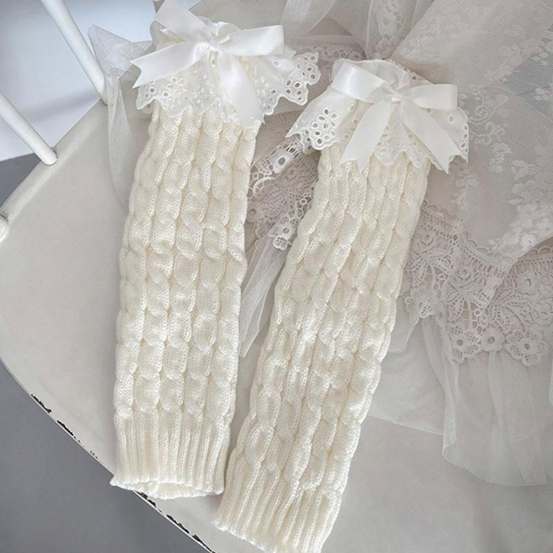 Women Autumn Ruffled Lace Bowknot Leg Warmers Japanese Lolita Twist Cable Knitted Foot Covers Student Stretch Calf Socks