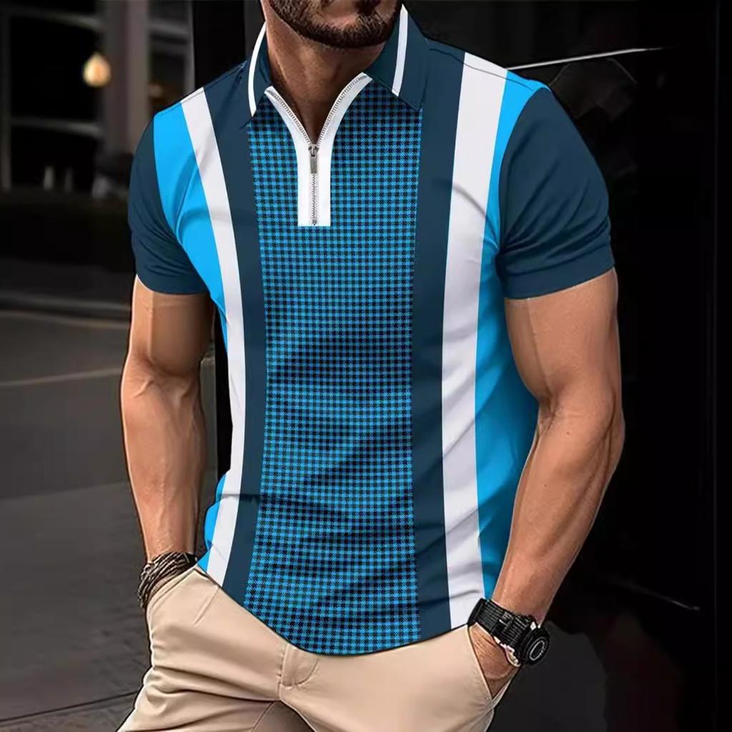 Мужская повседневная футболка-поло с принтом в полоску для улицы с лацканом и коротким рукавом