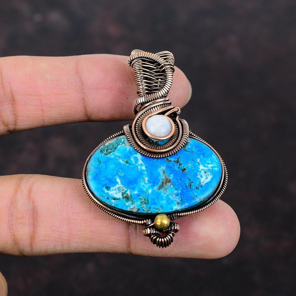 Подвеска из аризонской бирюзы и меди, украшения, обмотанные медной проволокой, подвеска из драгоценного камня ручной работы, подвеска из радужного лунного камня, обмотанная проволокой, подарок для нее